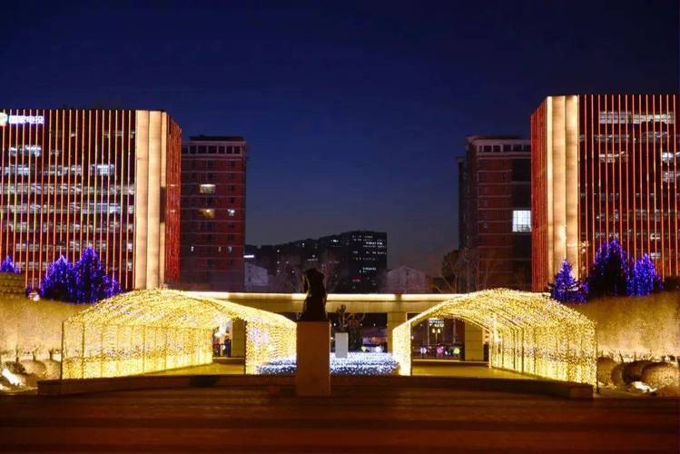 每当夜幕降临，坐落在延边大学正门对面的商贸楼墙体上，五颜六色